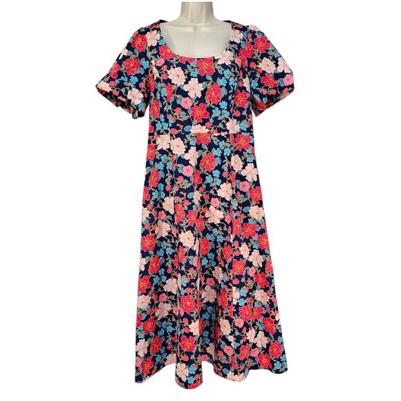 Draper James Julianne Midi Dress Stretch Poplin Women's Size 12 Blue Pink - Picture 2 of 7